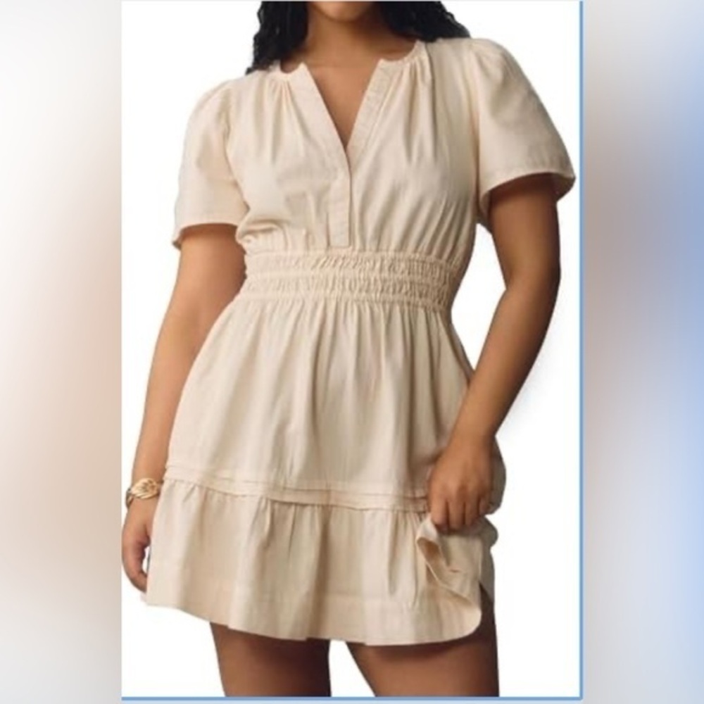 Women's Summer Tiered Mini Silhouette V-Neck Short Sleeve Apricot A-Line XL
